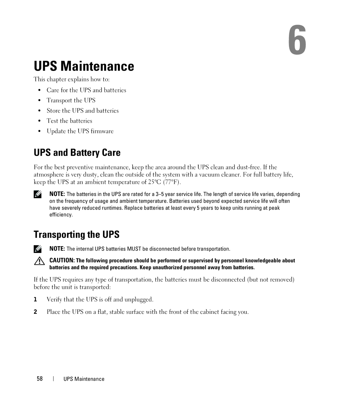 Dell K804N, K805N, J739N, 3750W, J730N, H952N, 4200W manual UPS Maintenance, UPS and Battery Care, Transporting the UPS 