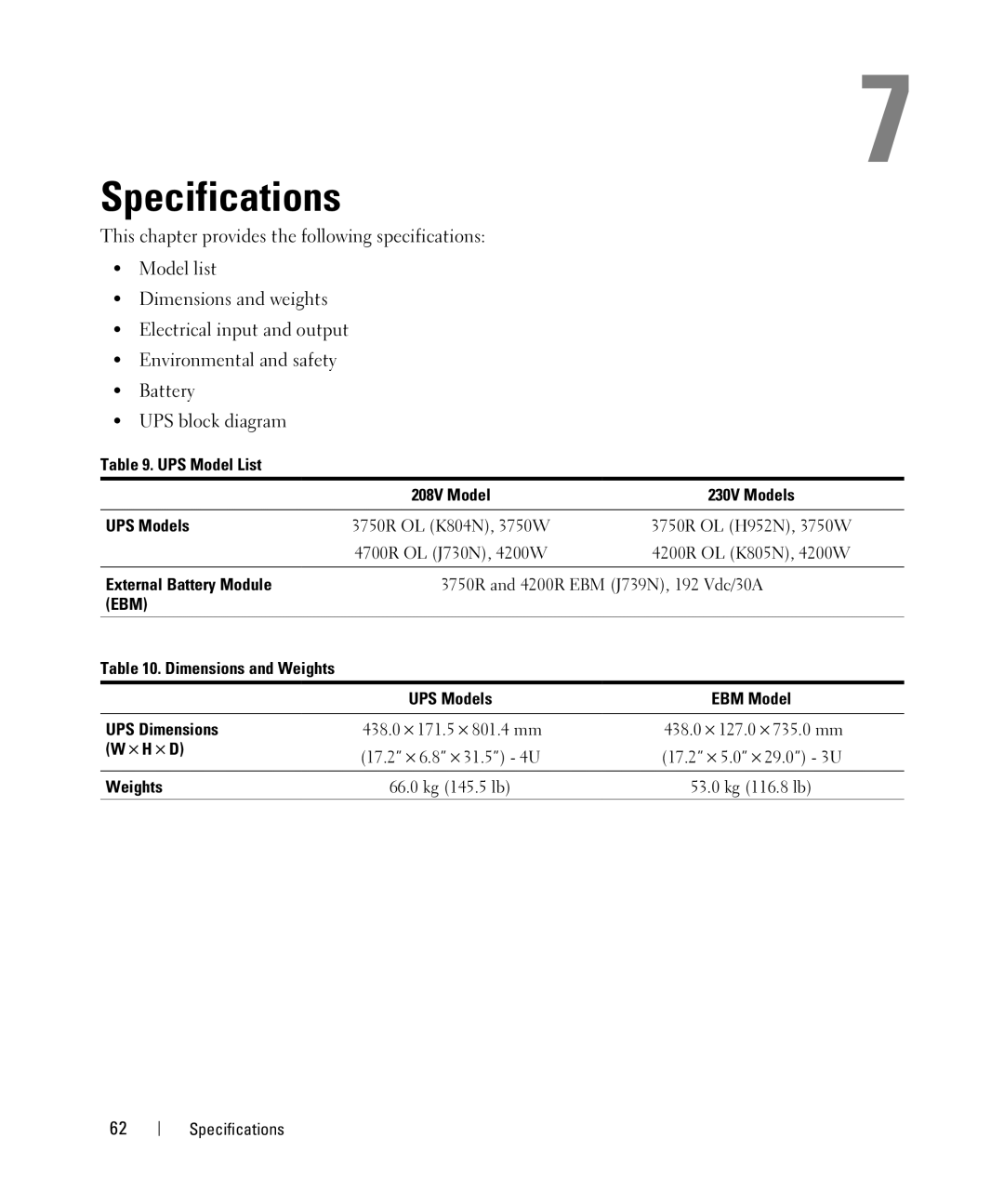 Dell 4200W, K805N, J739N, K804N, 3750W, J730N, H952N manual Specifications 