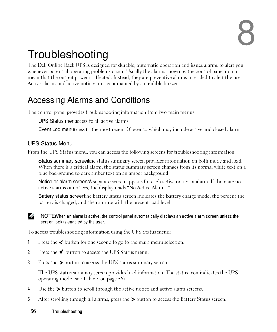 Dell 3750W, K805N, J739N, K804N, J730N, H952N, 4200W manual Troubleshooting, Accessing Alarms and Conditions, UPS Status Menu 