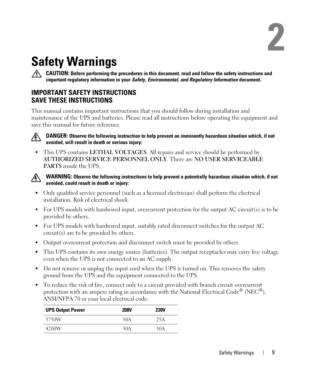 Dell K804N, K805N, J739N, 3750W, J730N, H952N, 4200W manual Safety Warnings, UPS Output Power 