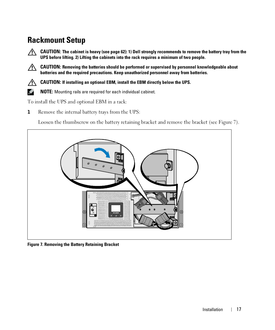 Dell 5600R OL HV-US, K812N, 5600W manual Rackmount Setup, Removing the Battery Retaining Bracket 