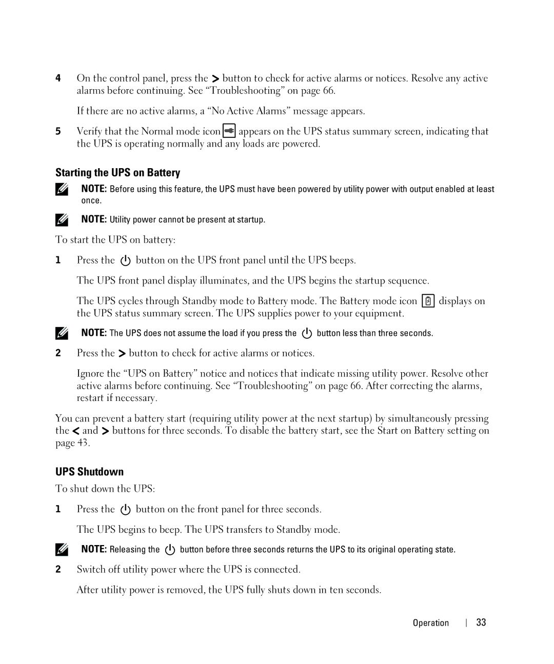 Dell K812N, 5600W, 5600R OL HV-US manual Starting the UPS on Battery, UPS Shutdown 