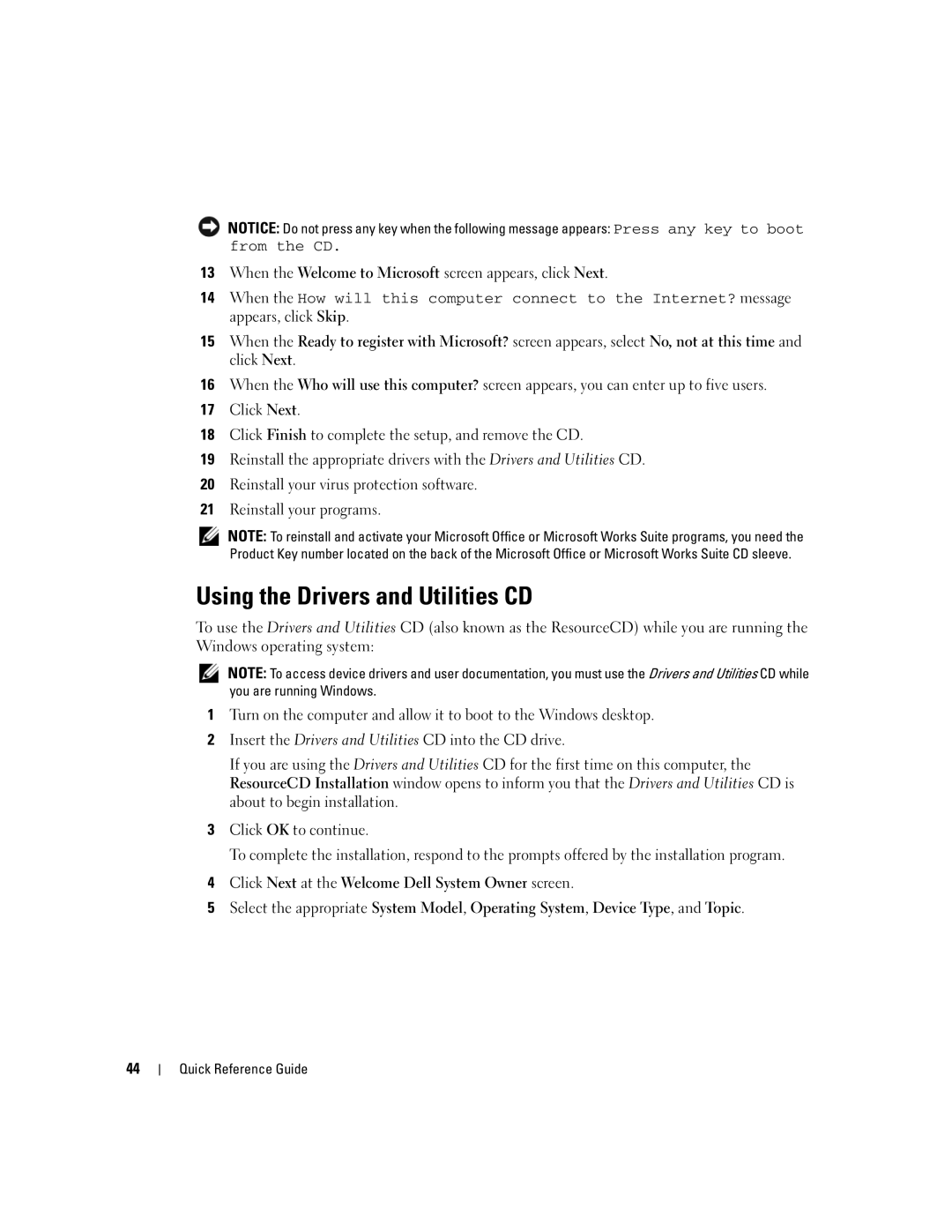 Dell K8504 manual Using the Drivers and Utilities CD, When the Welcome to Microsoft screen appears, click Next 