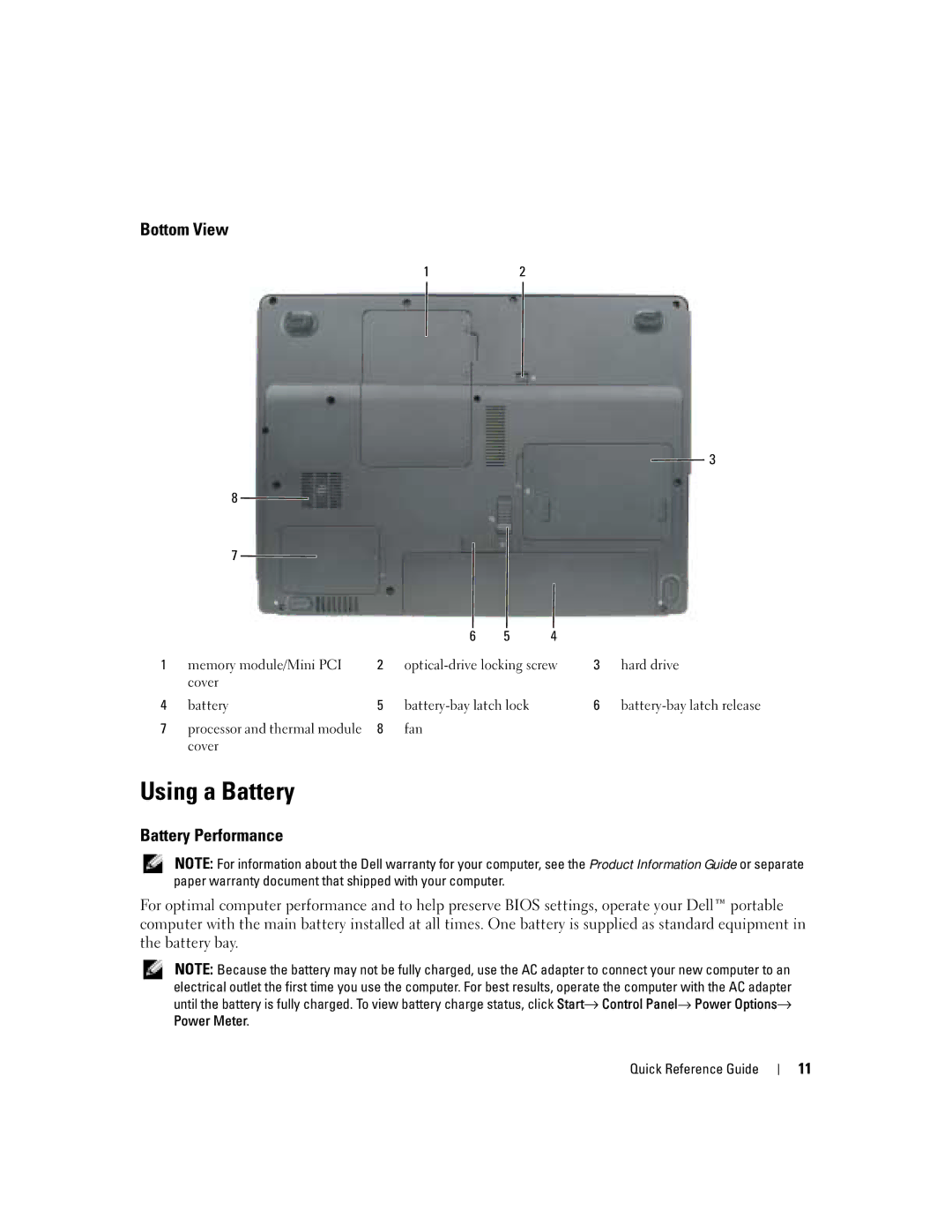 Dell PP21L, KD727 manual Using a Battery, Bottom View, Battery Performance 