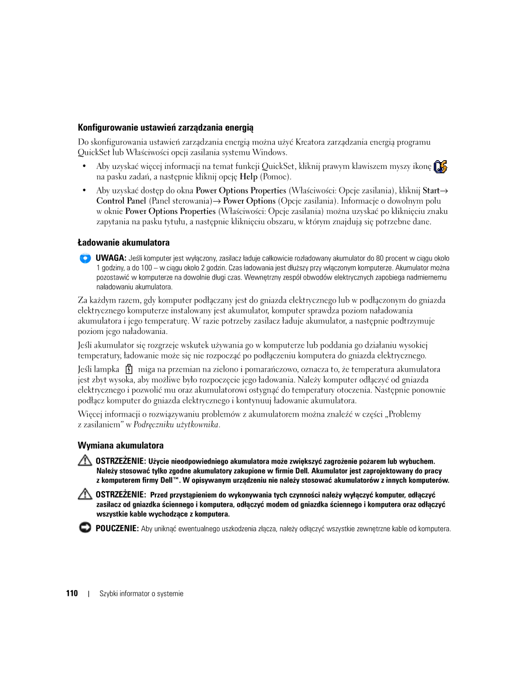 Dell KD727, PP21L manual Konfigurowanie ustawień zarządzania energią, 110 