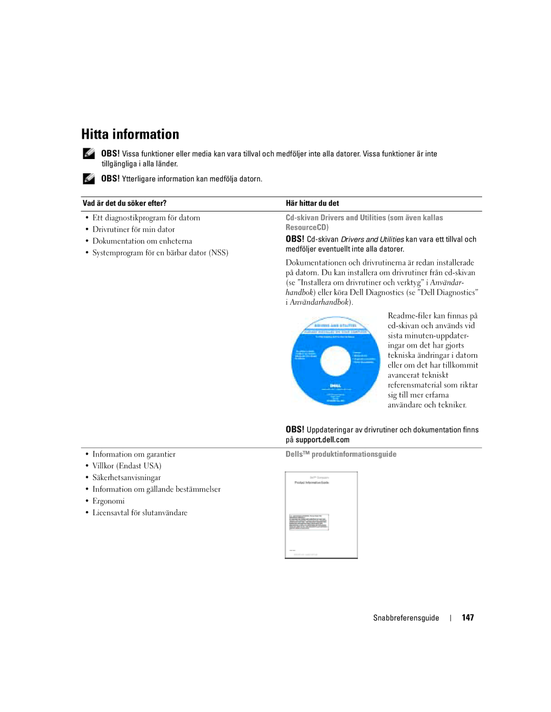 Dell PP21L, KD727 manual Hitta information, 147, Cd-skivan Drivers and Utilities som även kallas, ResourceCD 