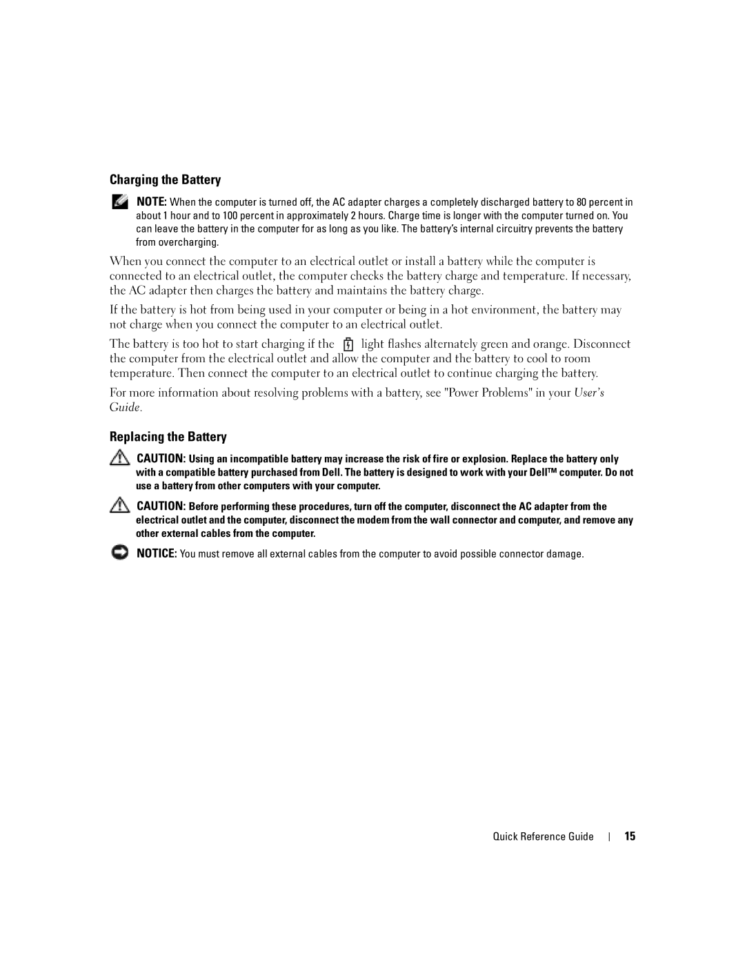 Dell PP21L, KD727 manual Charging the Battery, Replacing the Battery 