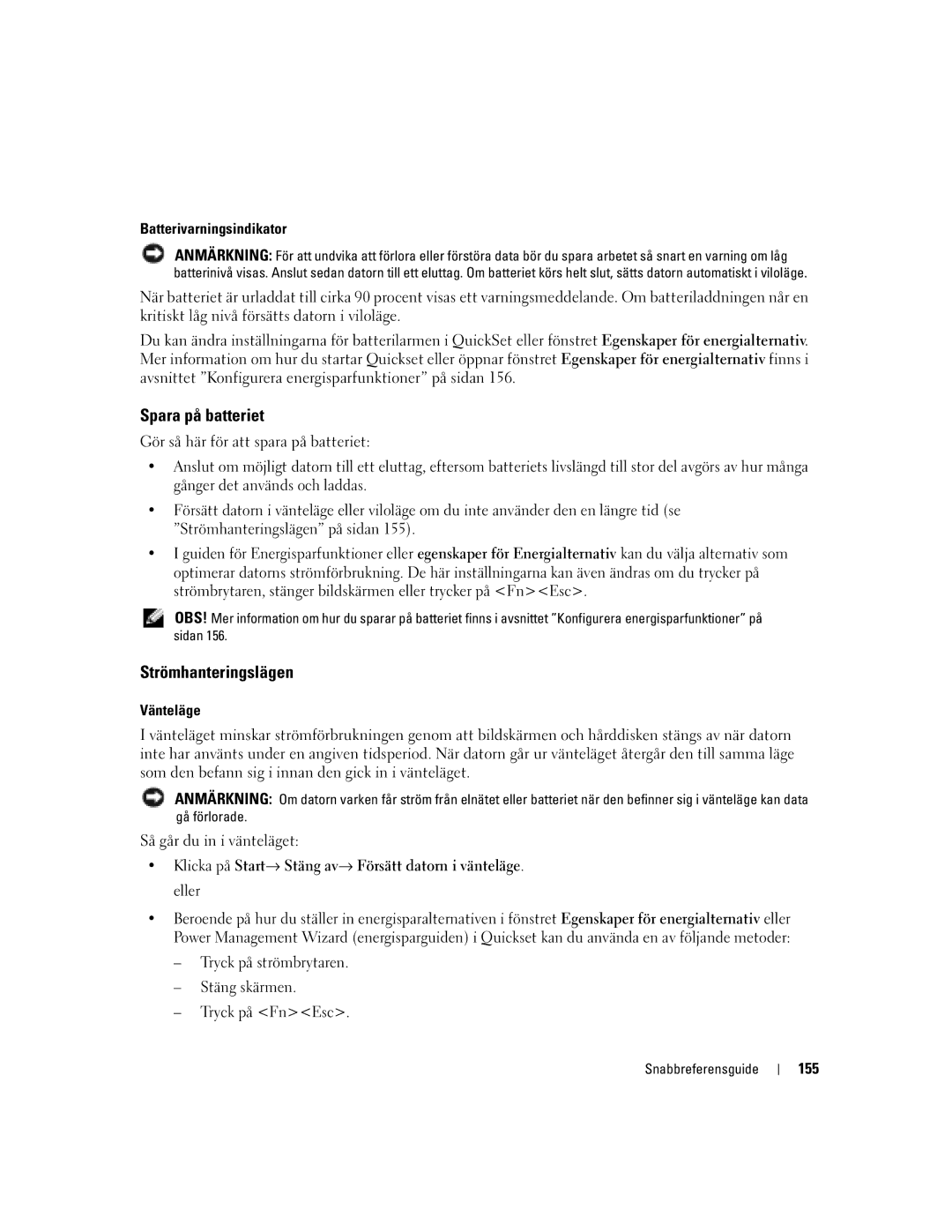 Dell PP21L, KD727 manual Spara på batteriet, Strömhanteringslägen, Batterivarningsindikator, Vänteläge, 155 