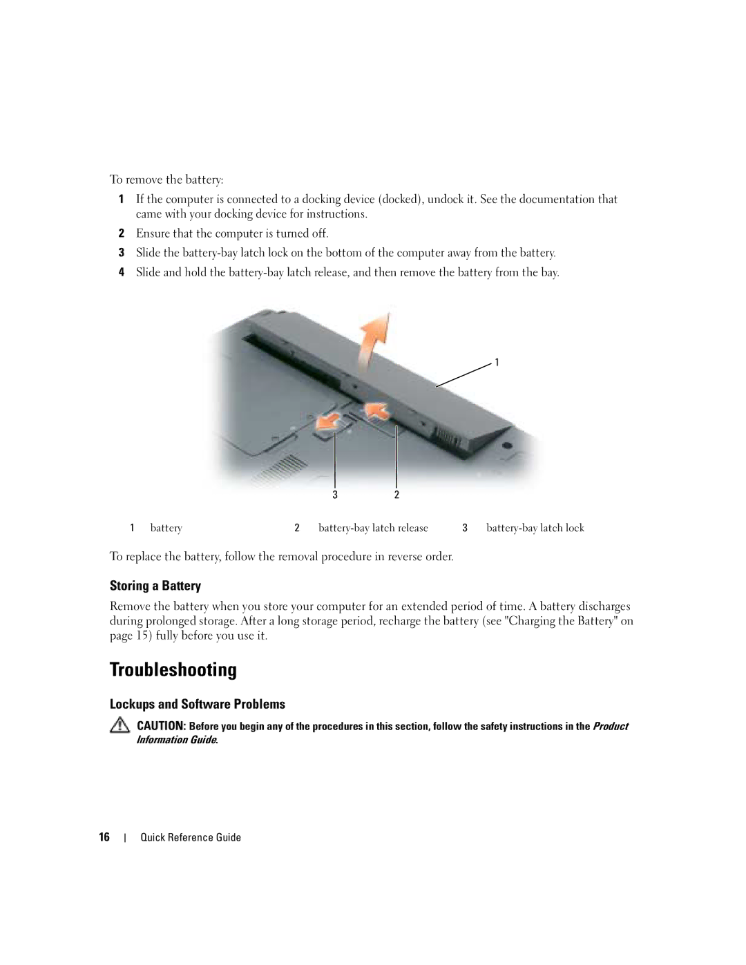 Dell KD727, PP21L manual Troubleshooting, Storing a Battery, Lockups and Software Problems 