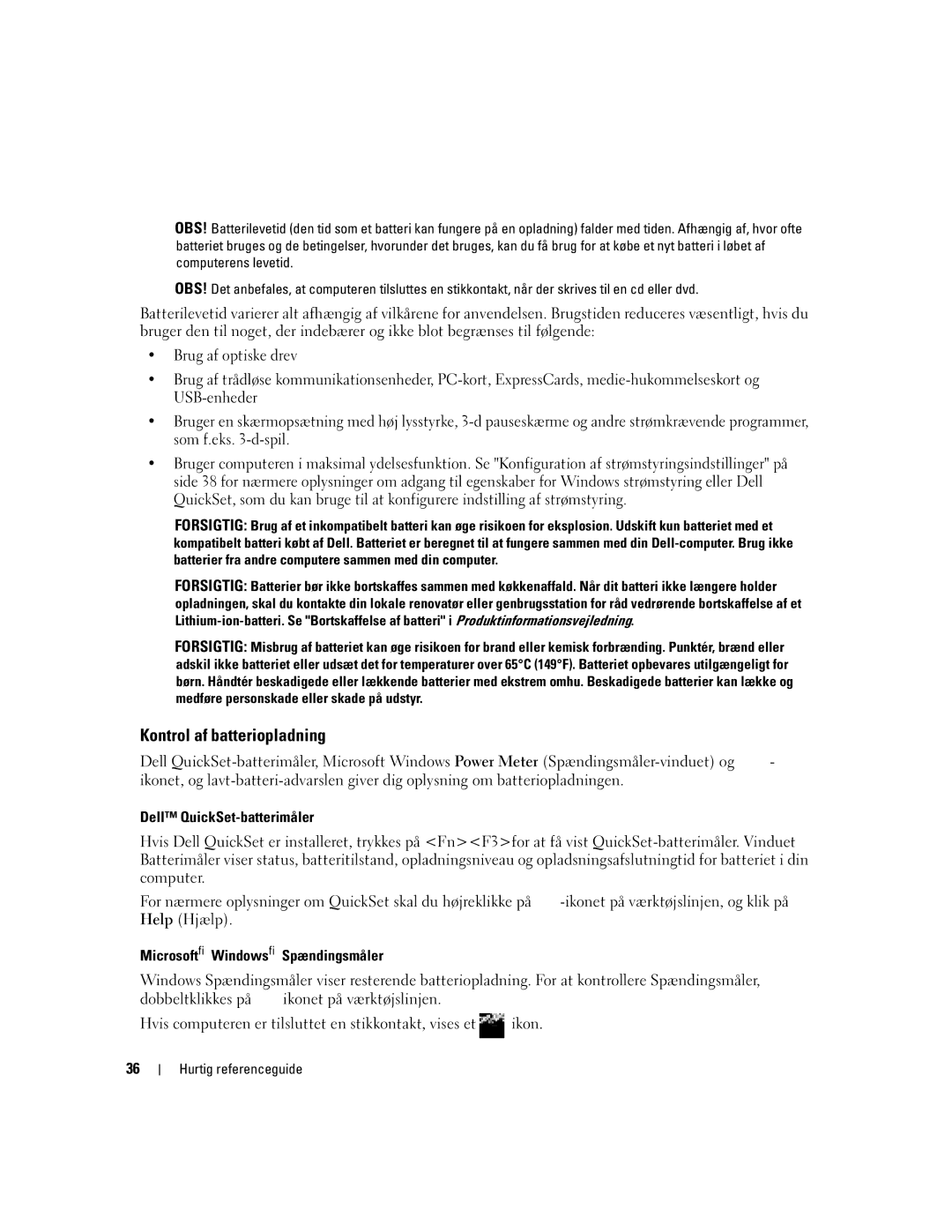 Dell KD727, PP21L manual Kontrol af batteriopladning, Dell QuickSet-batterimåler, Microsoft Windows Spændingsmåler 