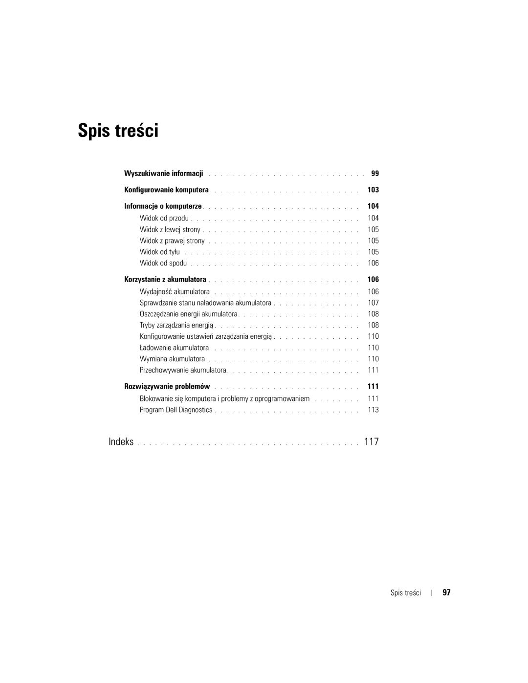 Dell PP21L, KD727 manual 104, 105, 106, Sprawdzanie stanu naładowania akumulatora 107, 108, 111, 113, Spis treści 