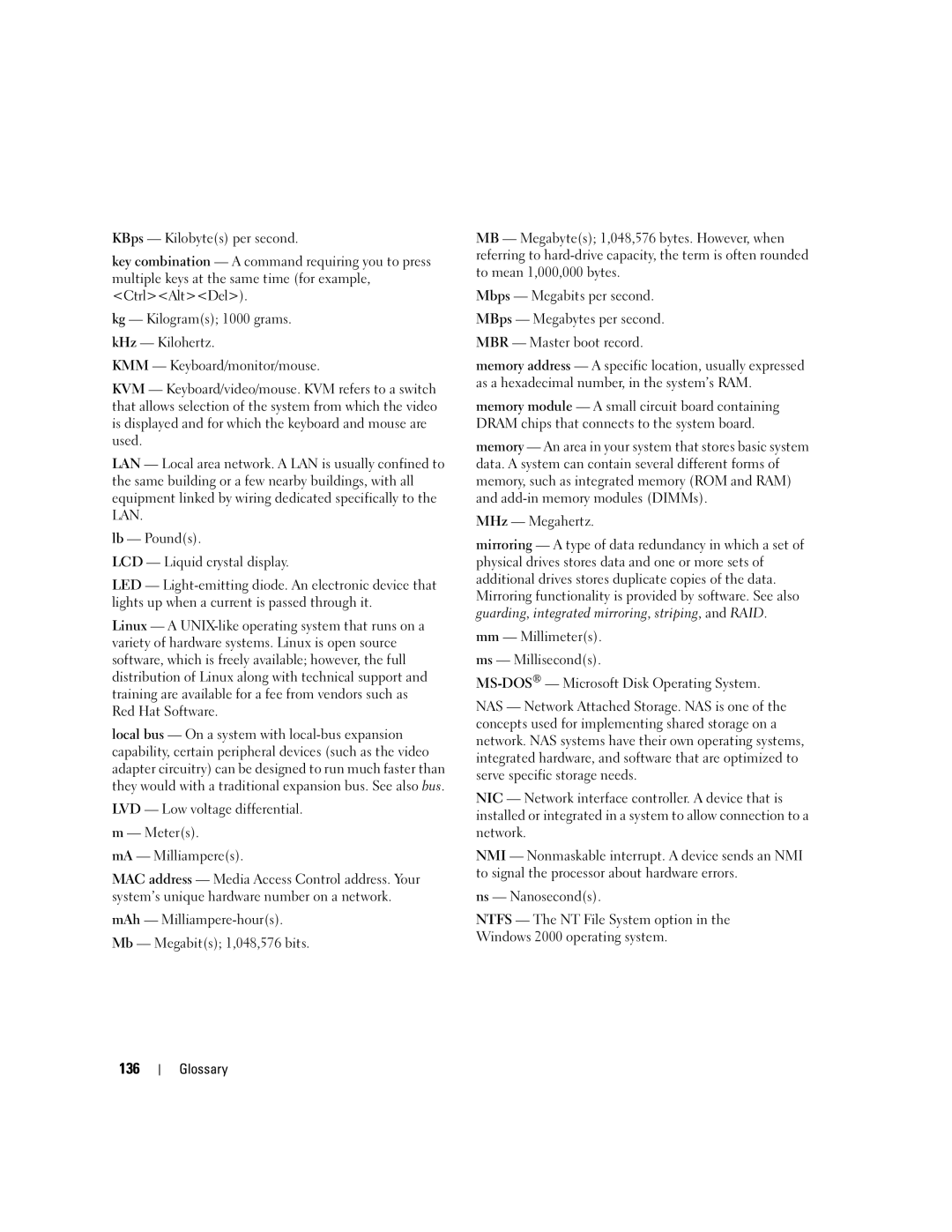 Dell KH934 owner manual 136, LVD Low voltage differential Meters MA Milliamperes 