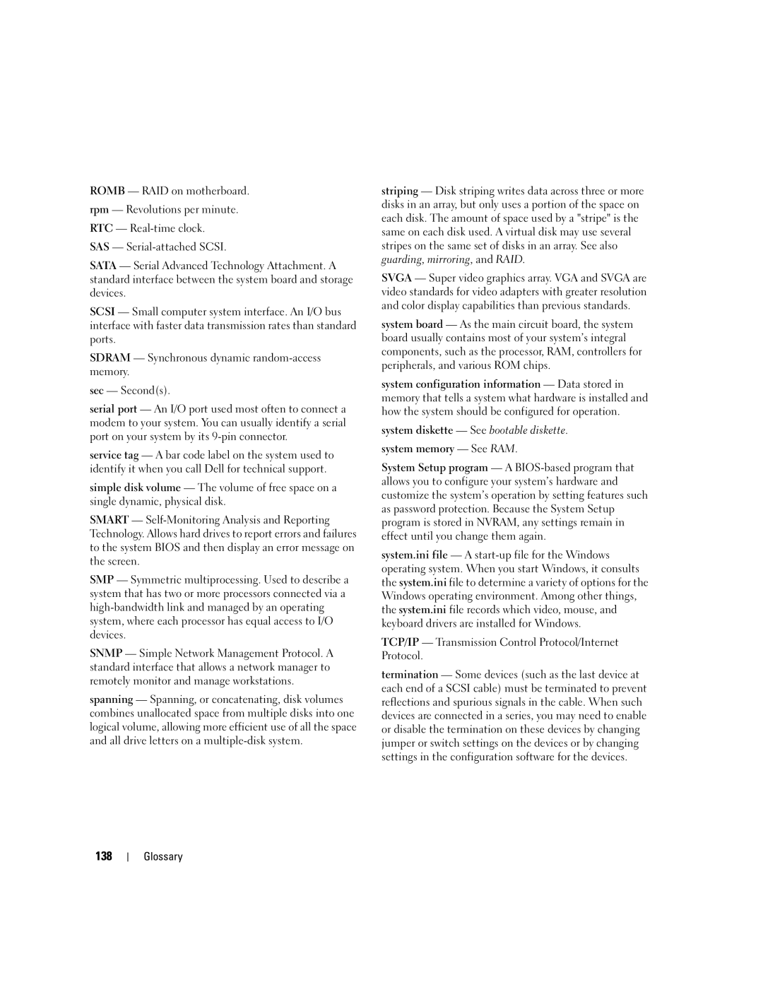 Dell KH934 owner manual 138, System diskette See bootable diskette, TCP/IP Transmission Control Protocol/Internet Protocol 