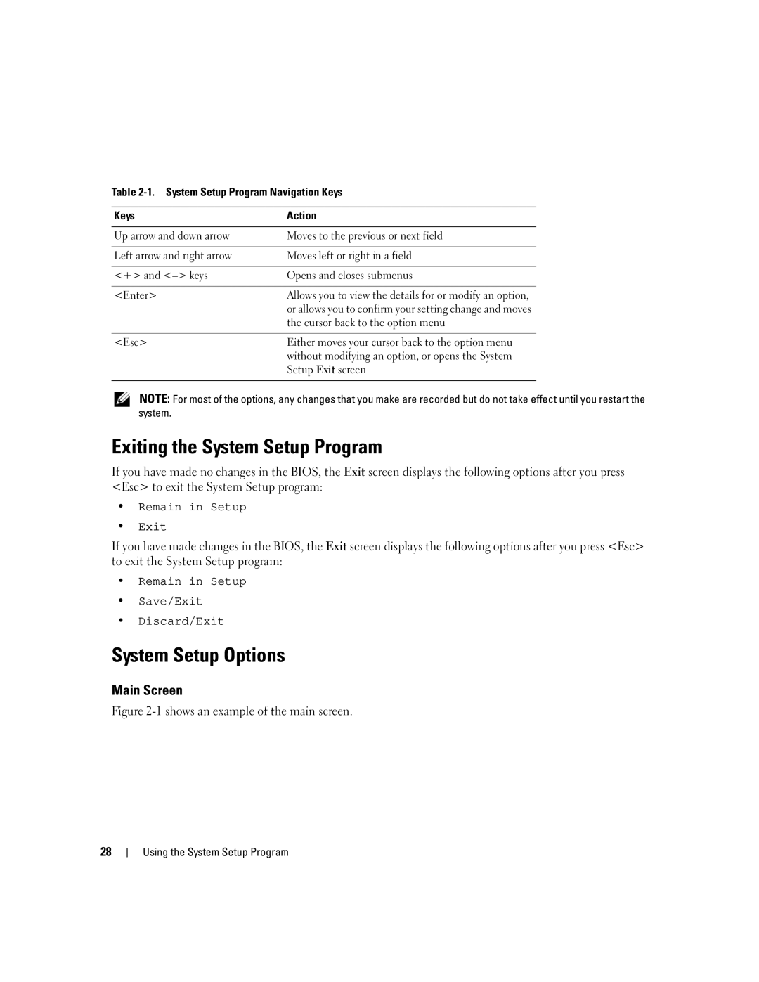 Dell KH934 owner manual Exiting the System Setup Program, System Setup Options, Main Screen 