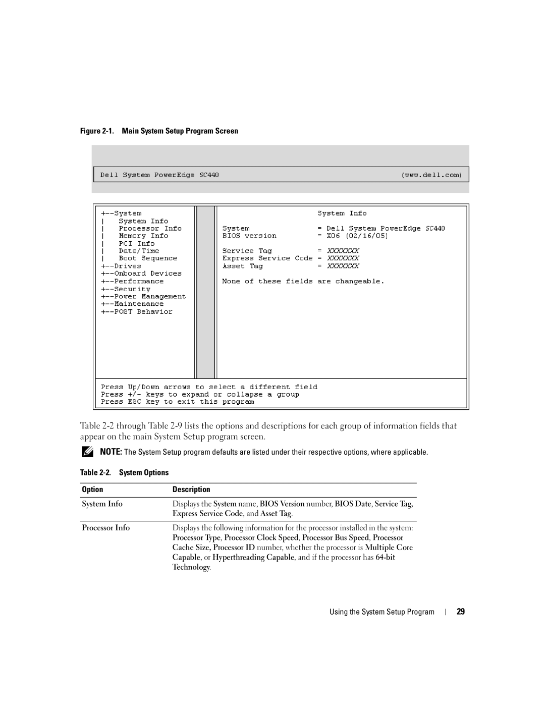 Dell KH934 System Options Description System Info, Express Service Code, and Asset Tag, Processor Info, Technology 