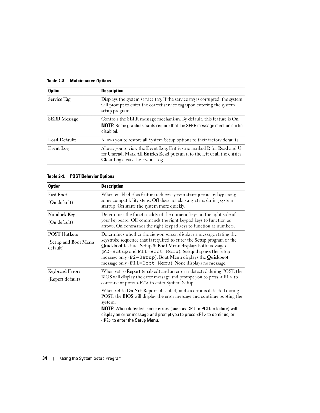 Dell KH934 Maintenance Options Description Service Tag, Setup program, Serr Message, Disabled, Load Defaults, Event Log 