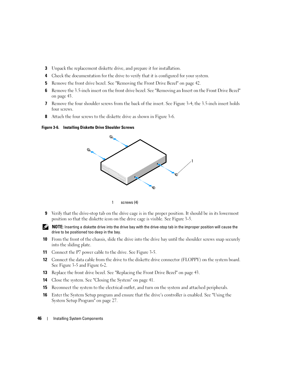 Dell KH934 owner manual Installing Diskette Drive Shoulder Screws 