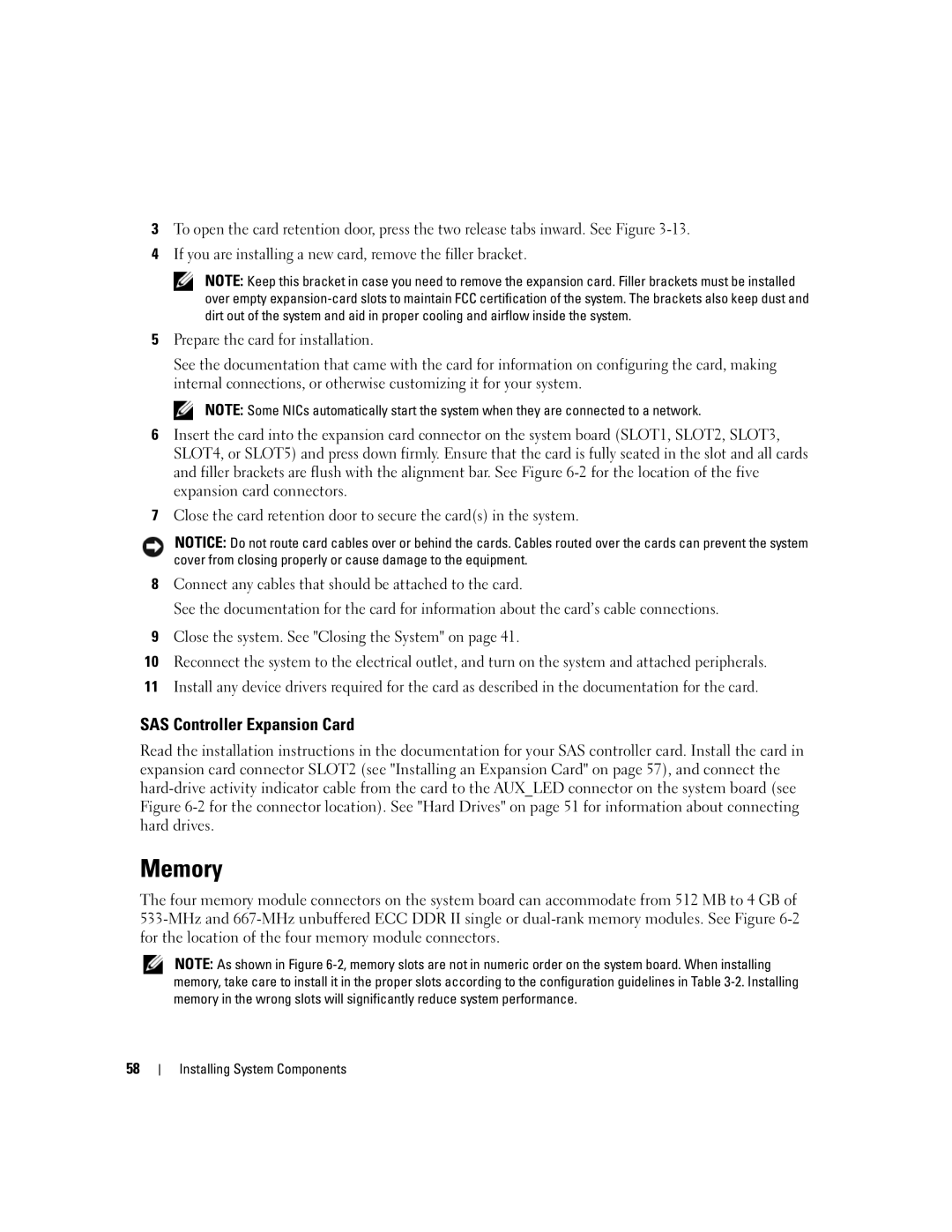 Dell KH934 owner manual Memory, SAS Controller Expansion Card 