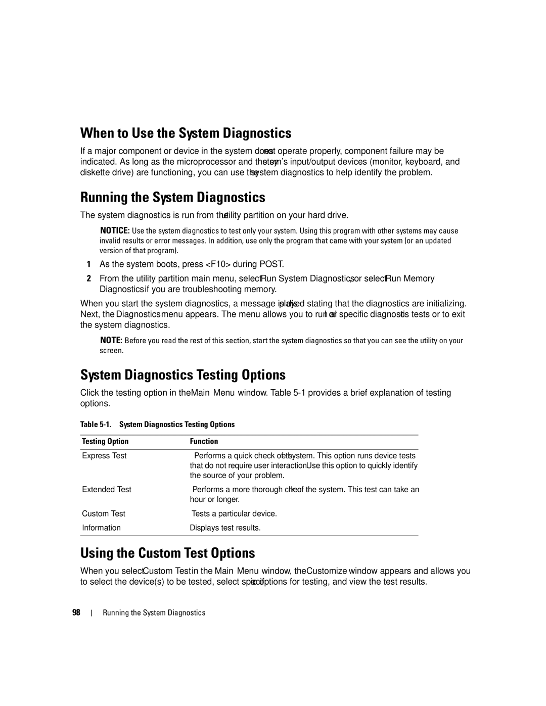 Dell KH934 When to Use the System Diagnostics, Running the System Diagnostics, System Diagnostics Testing Options 