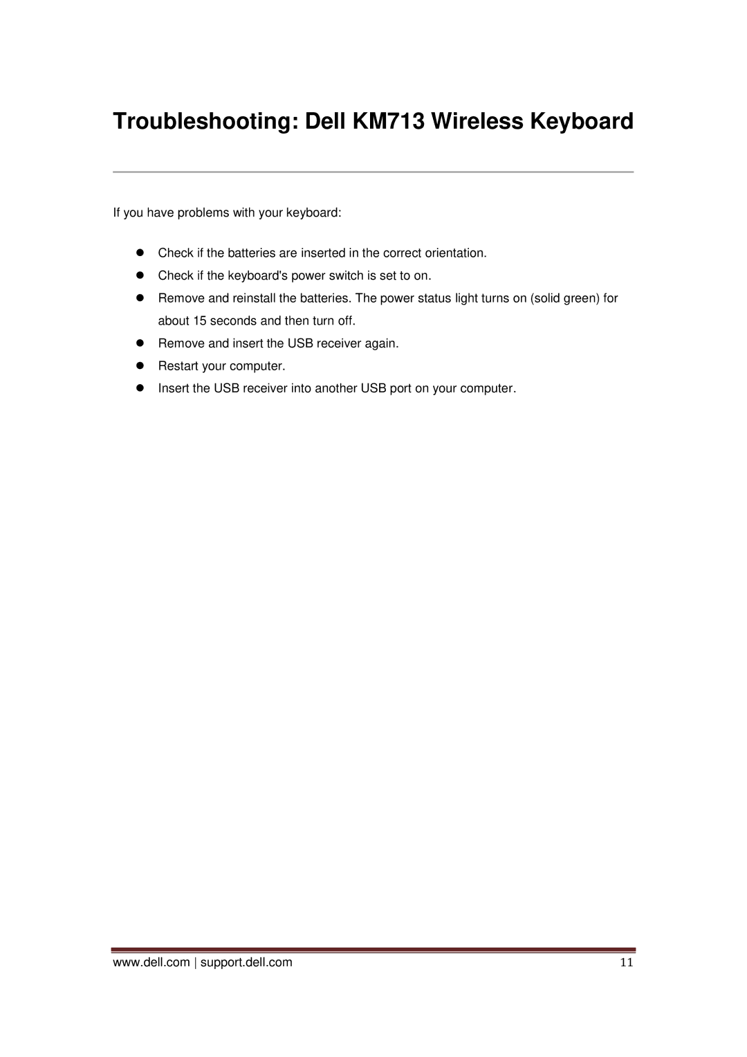 Dell owner manual Troubleshooting Dell KM713 Wireless Keyboard 