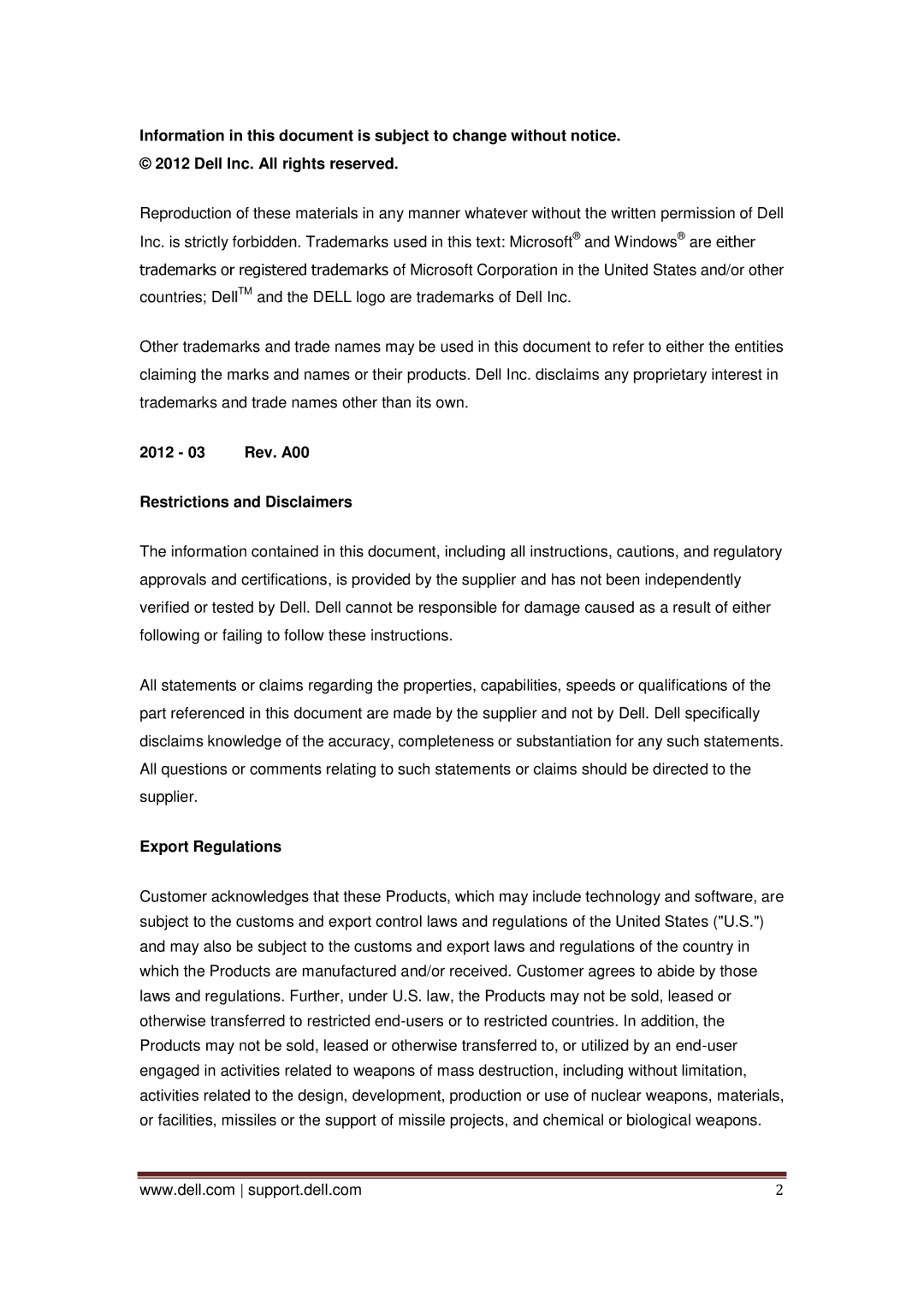 Dell KM713 owner manual 2012 Rev. A00 Restrictions and Disclaimers, Export Regulations 