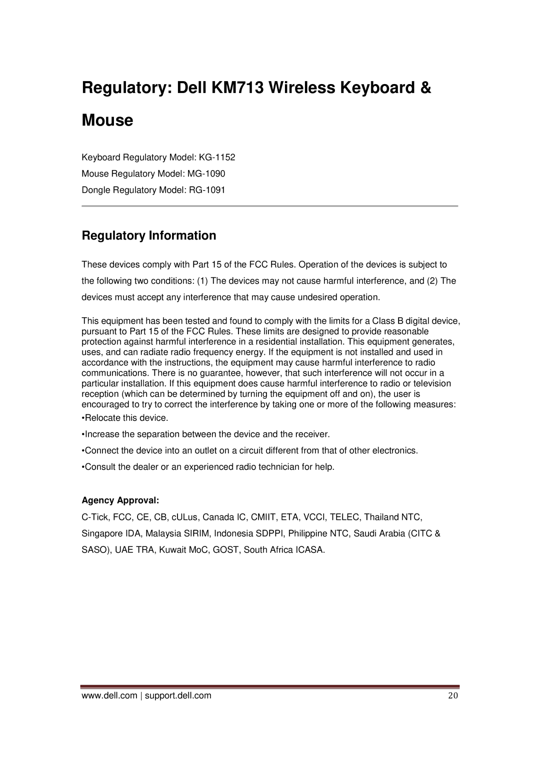 Dell owner manual Regulatory Dell KM713 Wireless Keyboard Mouse, Regulatory Information, Agency Approval 