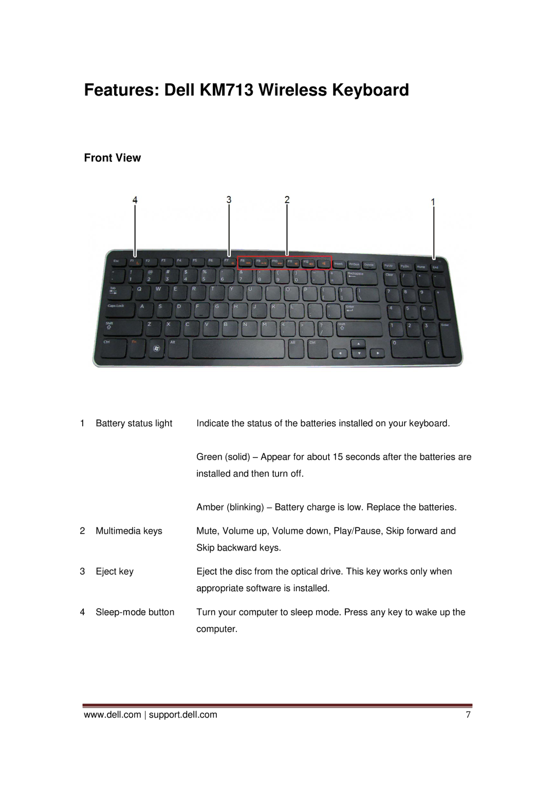 Dell owner manual Features Dell KM713 Wireless Keyboard, Front View 