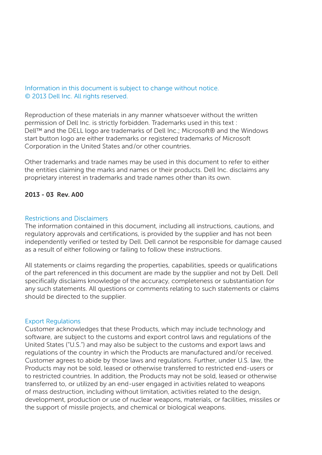 Dell KM714 owner manual Restrictions and Disclaimers 