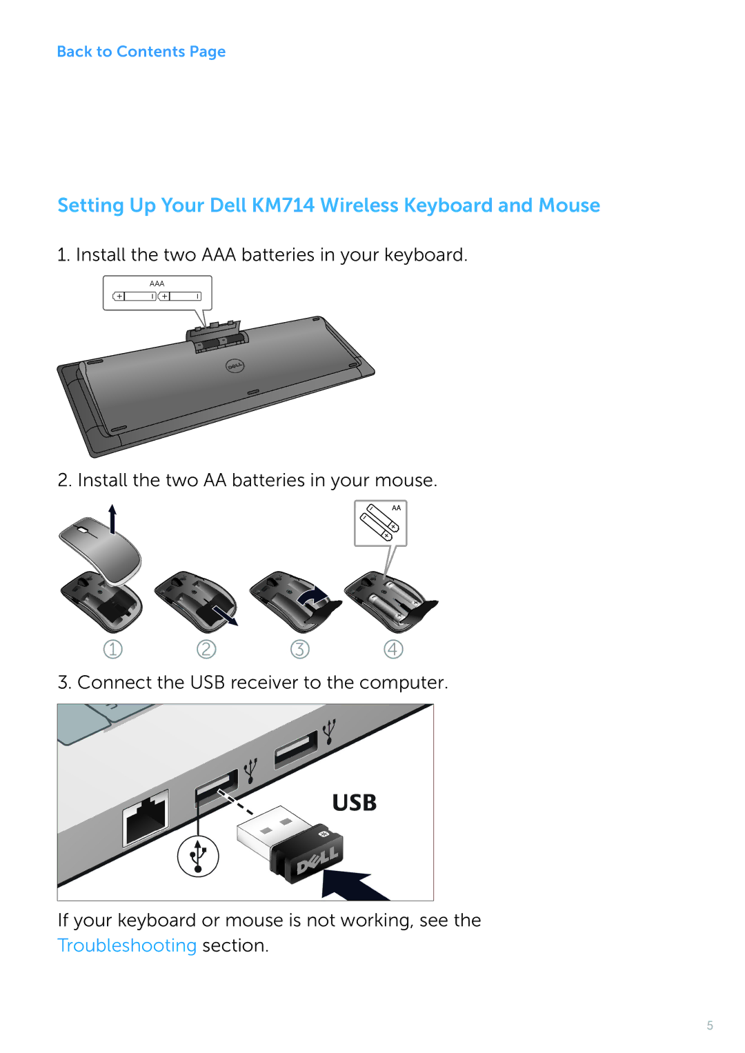 Dell owner manual Setting Up Your Dell KM714 Wireless Keyboard and Mouse 