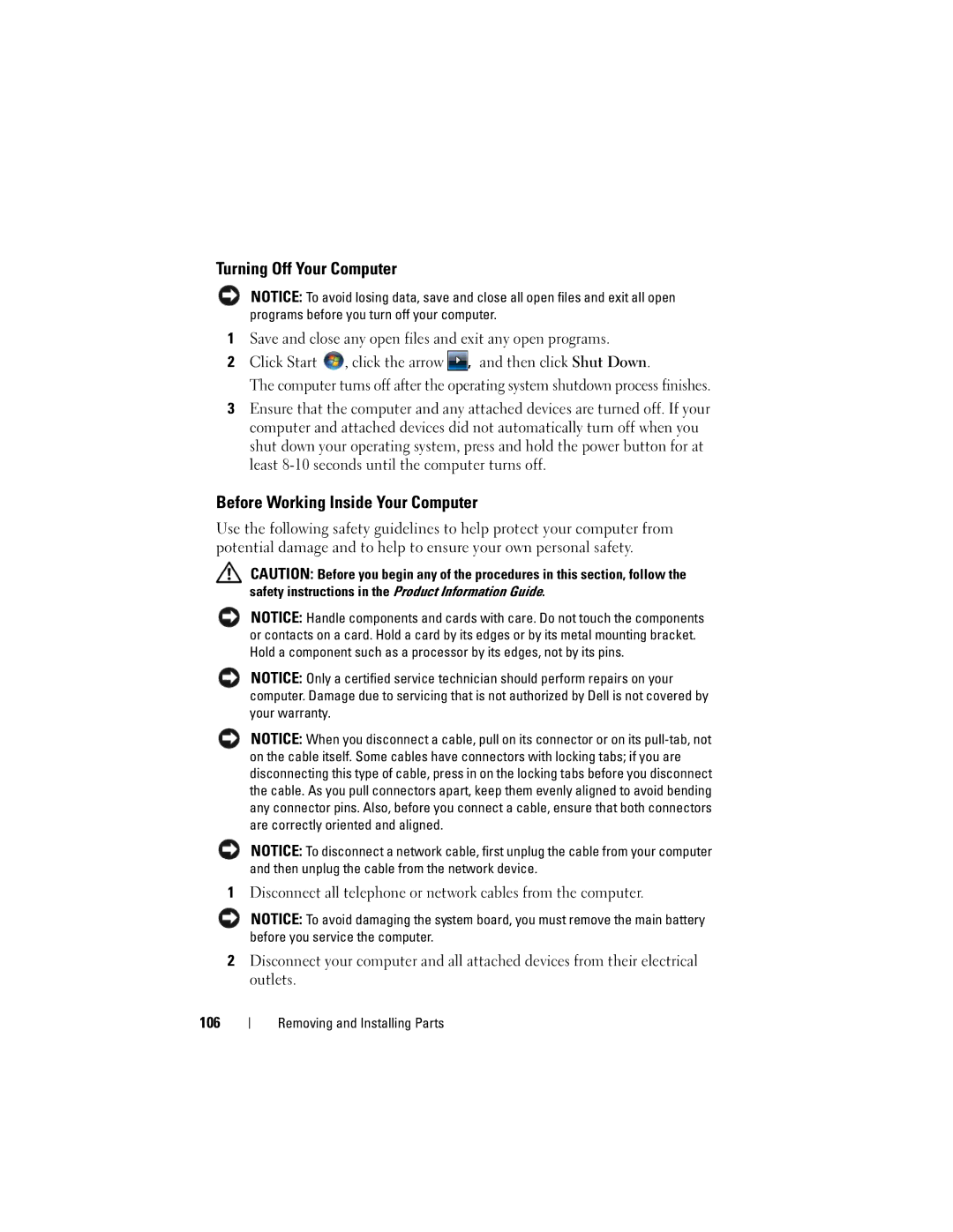 Dell 530c, KP338, 530b, 530d owner manual Turning Off Your Computer, Before Working Inside Your Computer 