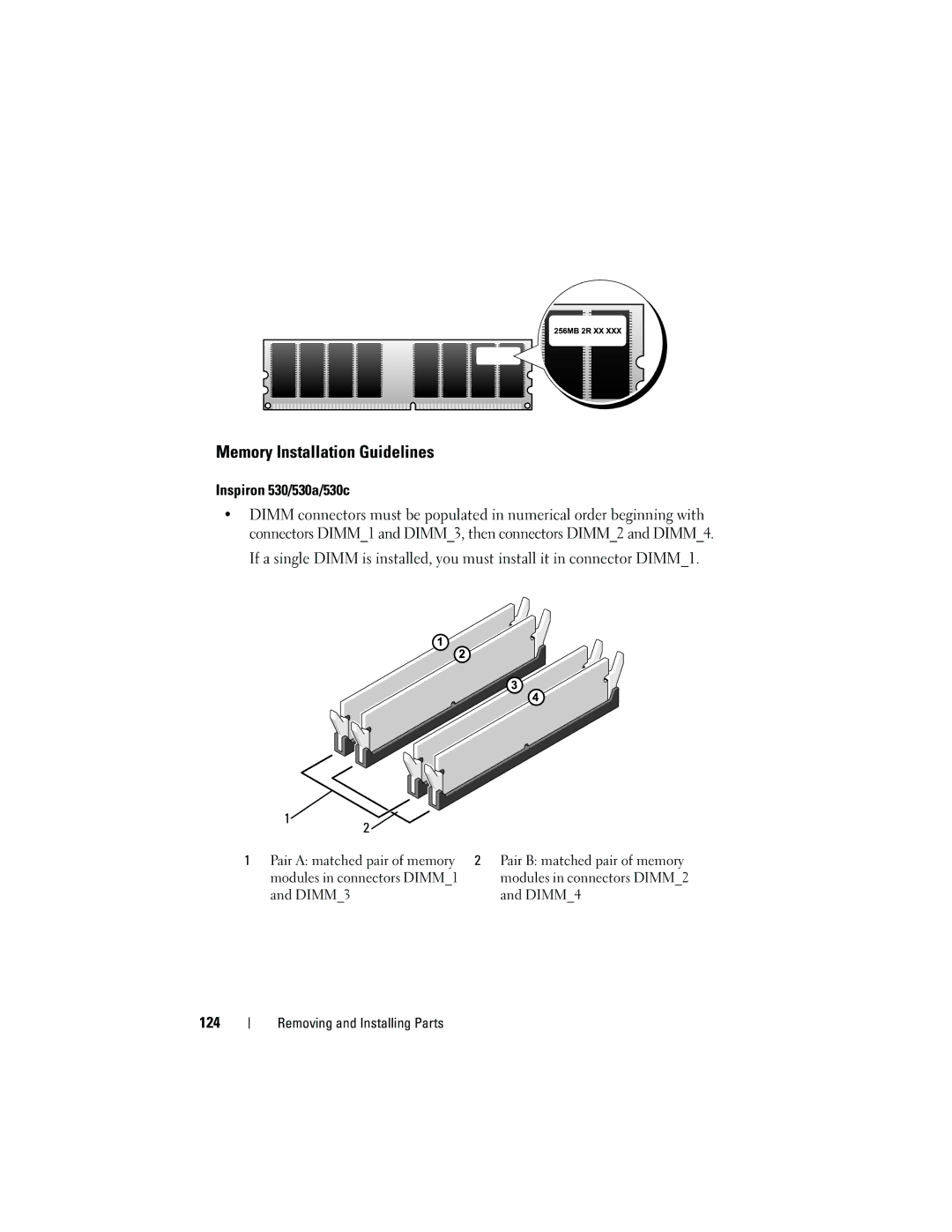 Dell KP338, 530b, 530d owner manual Memory Installation Guidelines, Inspiron 530/530a/530c, 124 