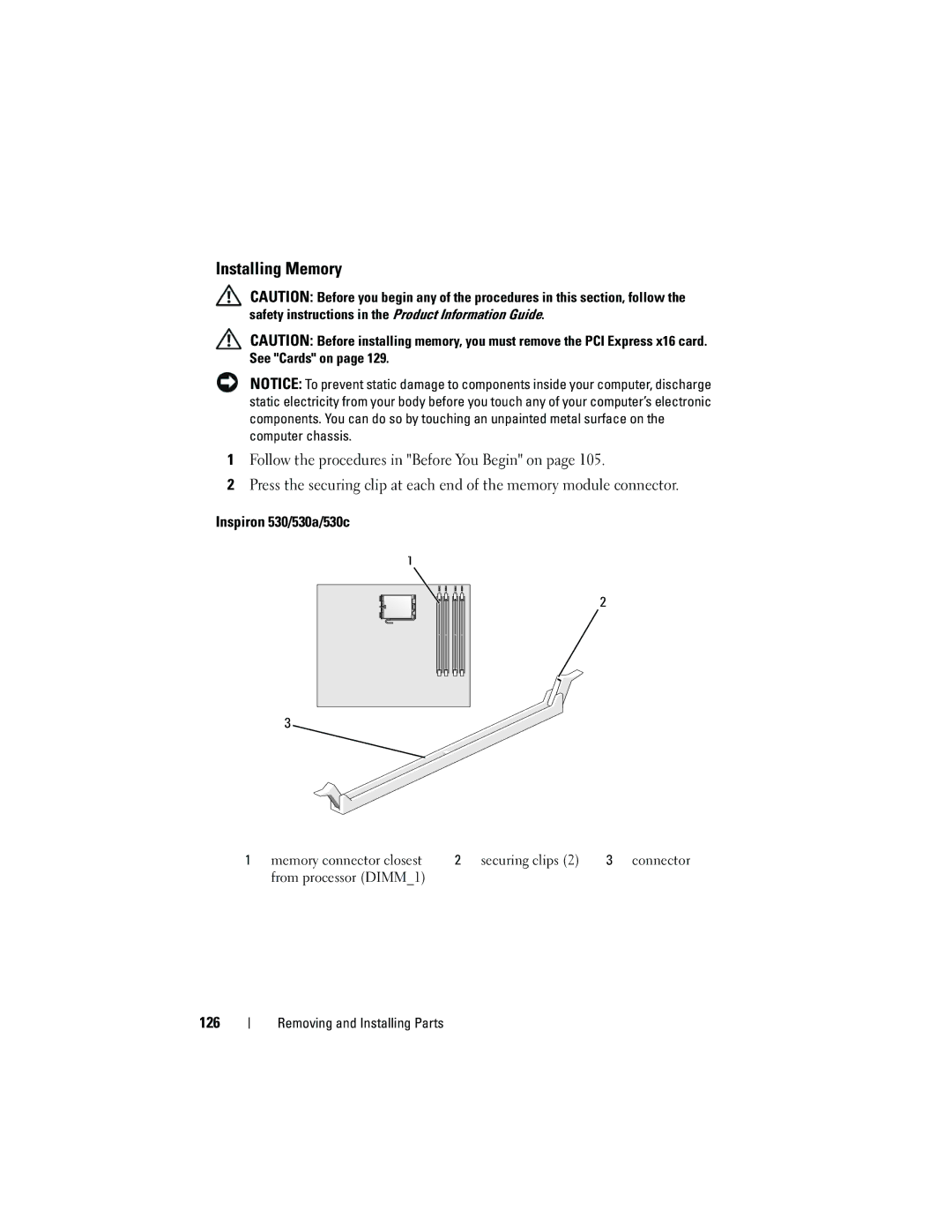 Dell 530c, KP338, 530b, 530d owner manual Installing Memory, 126 