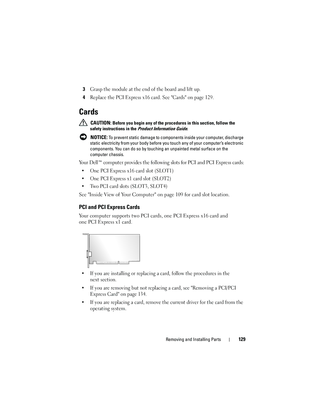 Dell 530b, KP338, 530c, 530d owner manual PCI and PCI Express Cards, 129 