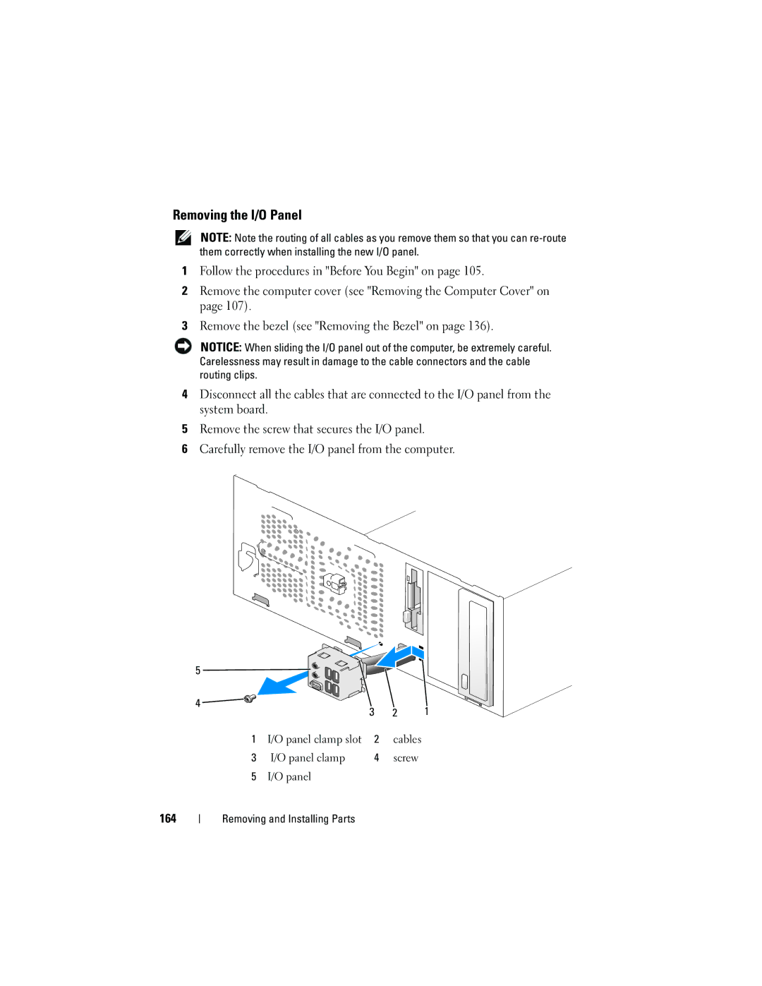 Dell KP338, 530b, 530c, 530d owner manual Removing the I/O Panel, 164 