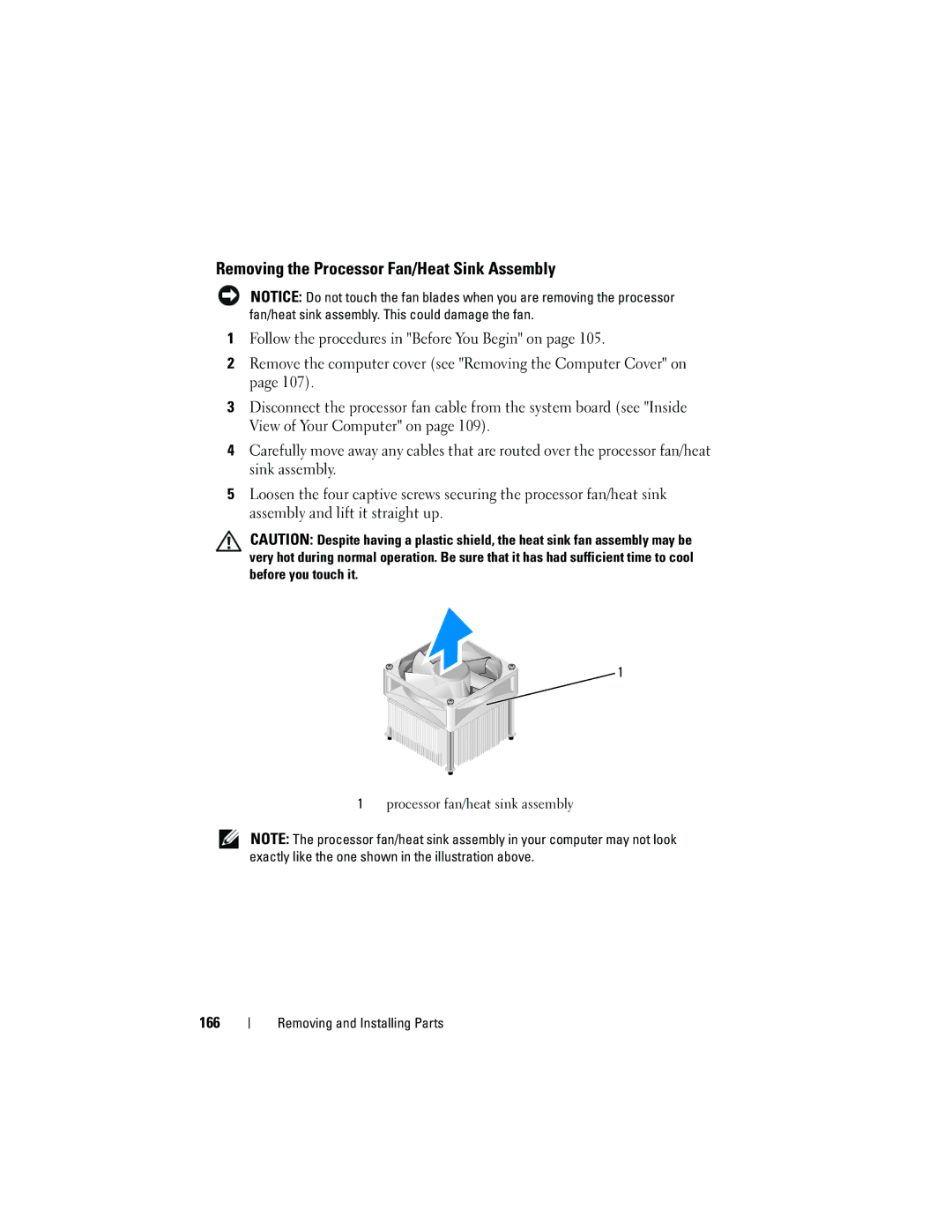 Dell 530c, KP338, 530b, 530d owner manual Removing the Processor Fan/Heat Sink Assembly, 166 