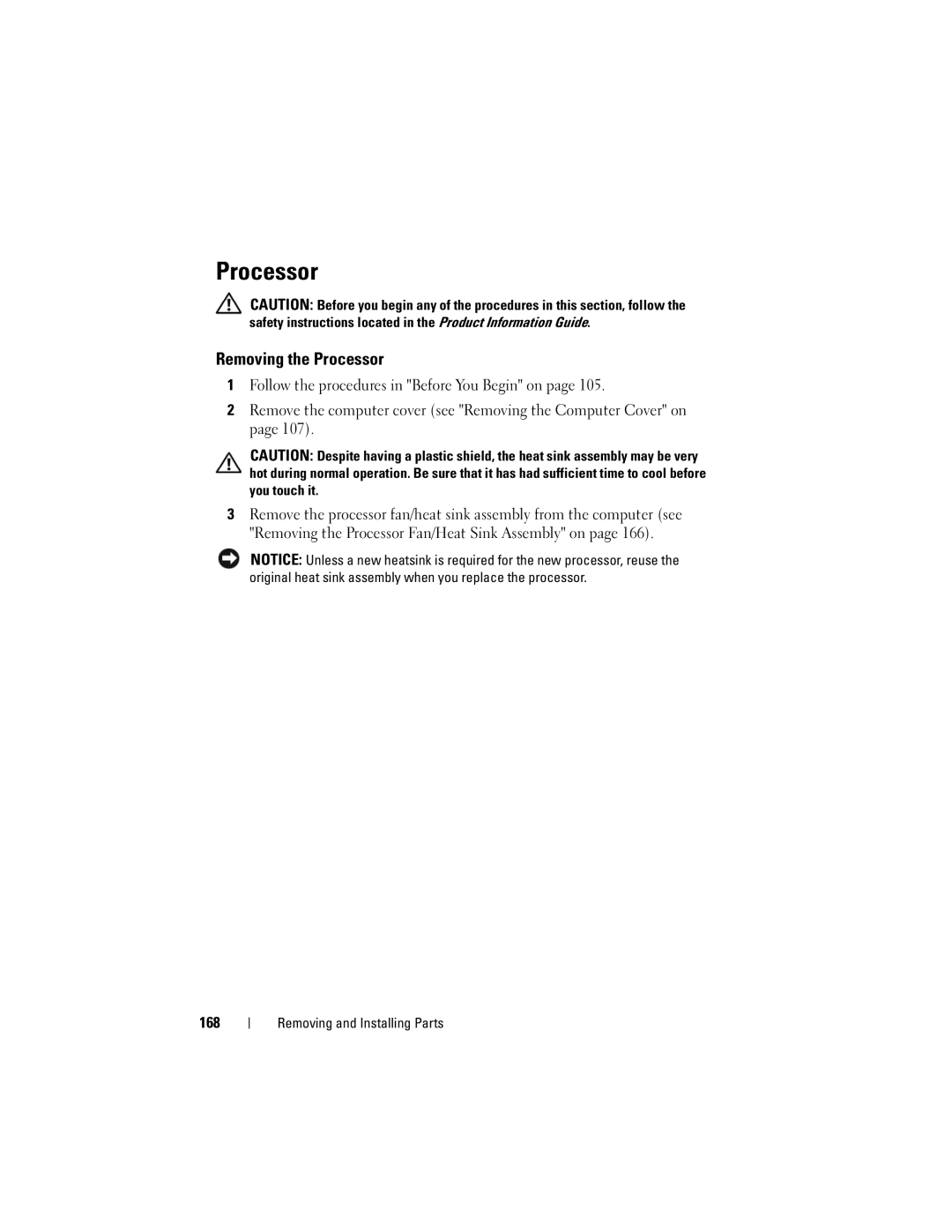 Dell KP338, 530b, 530c, 530d owner manual Removing the Processor, 168 