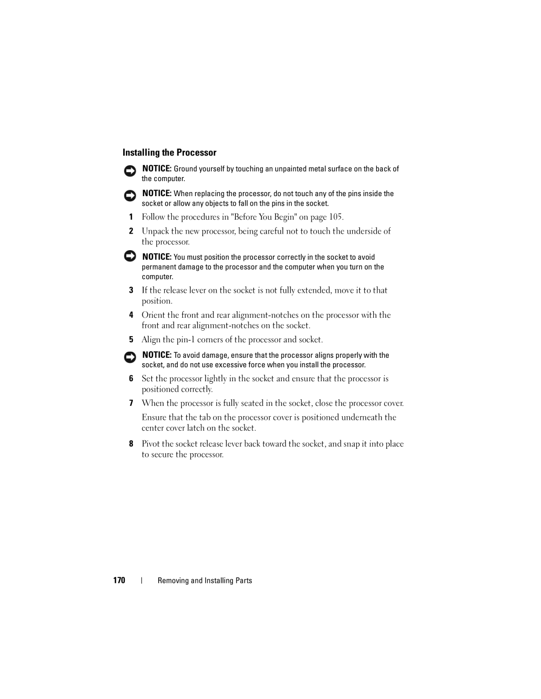 Dell 530c, KP338, 530b, 530d owner manual Installing the Processor 