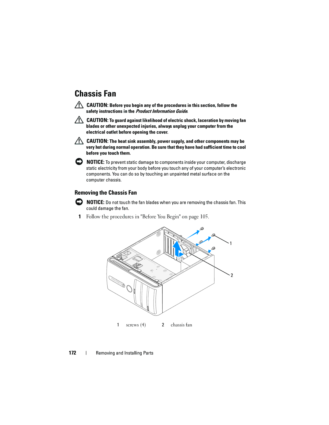 Dell KP338, 530b, 530c, 530d owner manual Removing the Chassis Fan, 172 