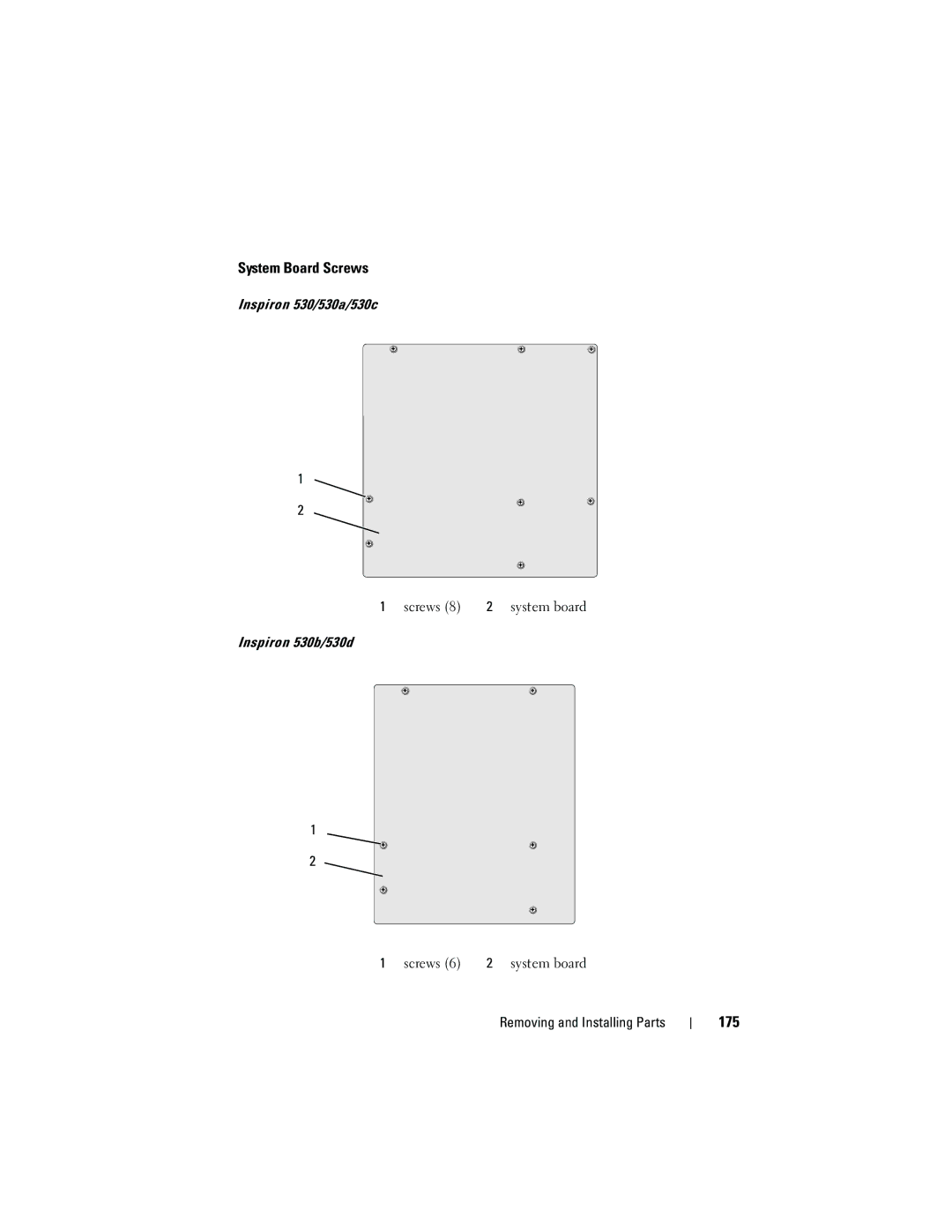 Dell 530d, KP338, 530b, 530c owner manual System Board Screws, 175 