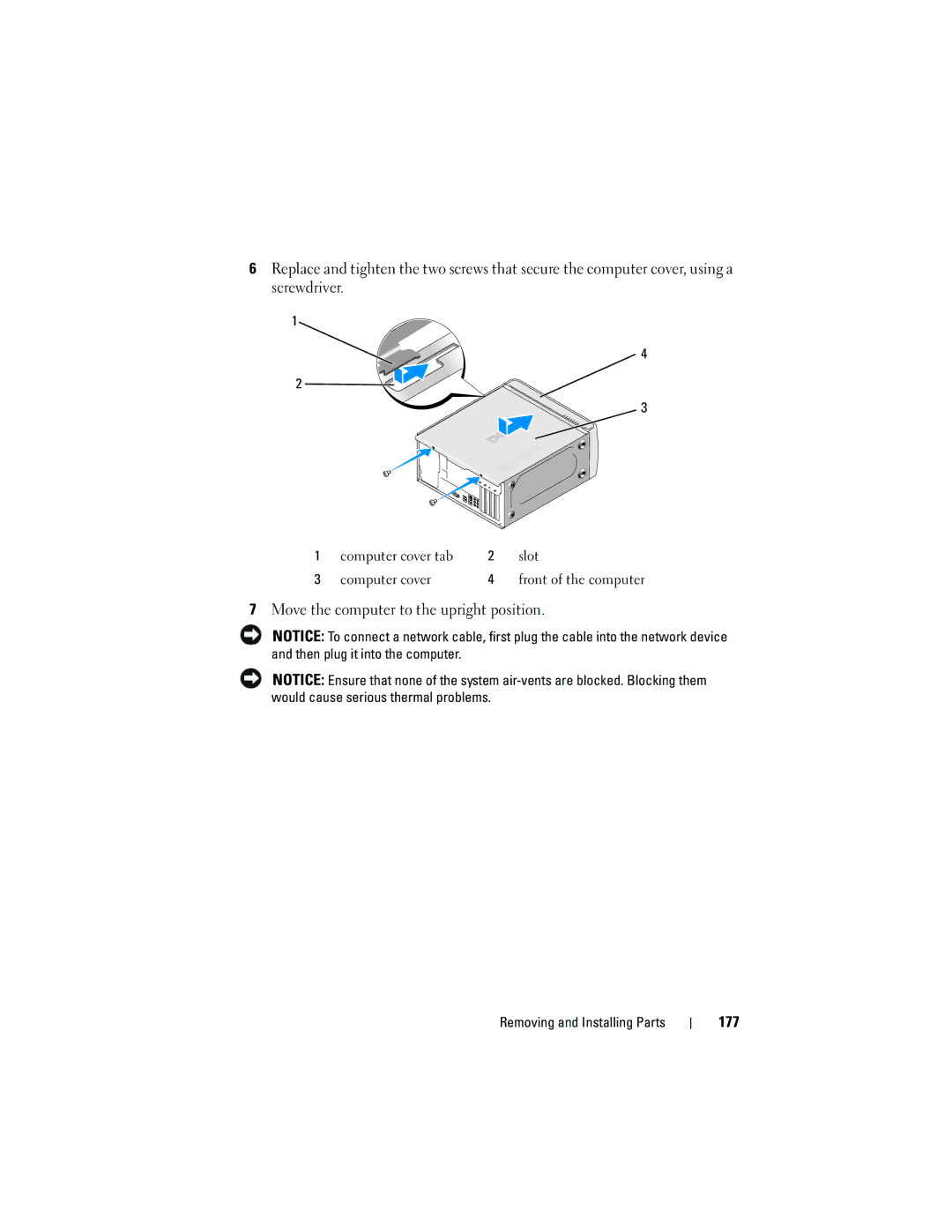 Dell 530b, KP338, 530c, 530d owner manual Move the computer to the upright position, 177 