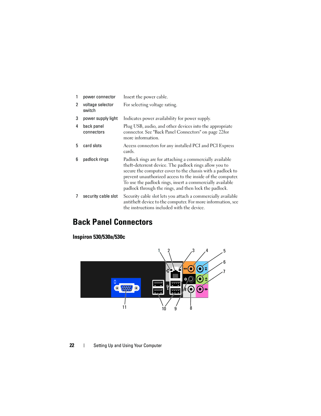 Dell 530c, KP338, 530b, 530d owner manual Back Panel Connectors, Theft-deterrent device. The padlock rings allow you to 