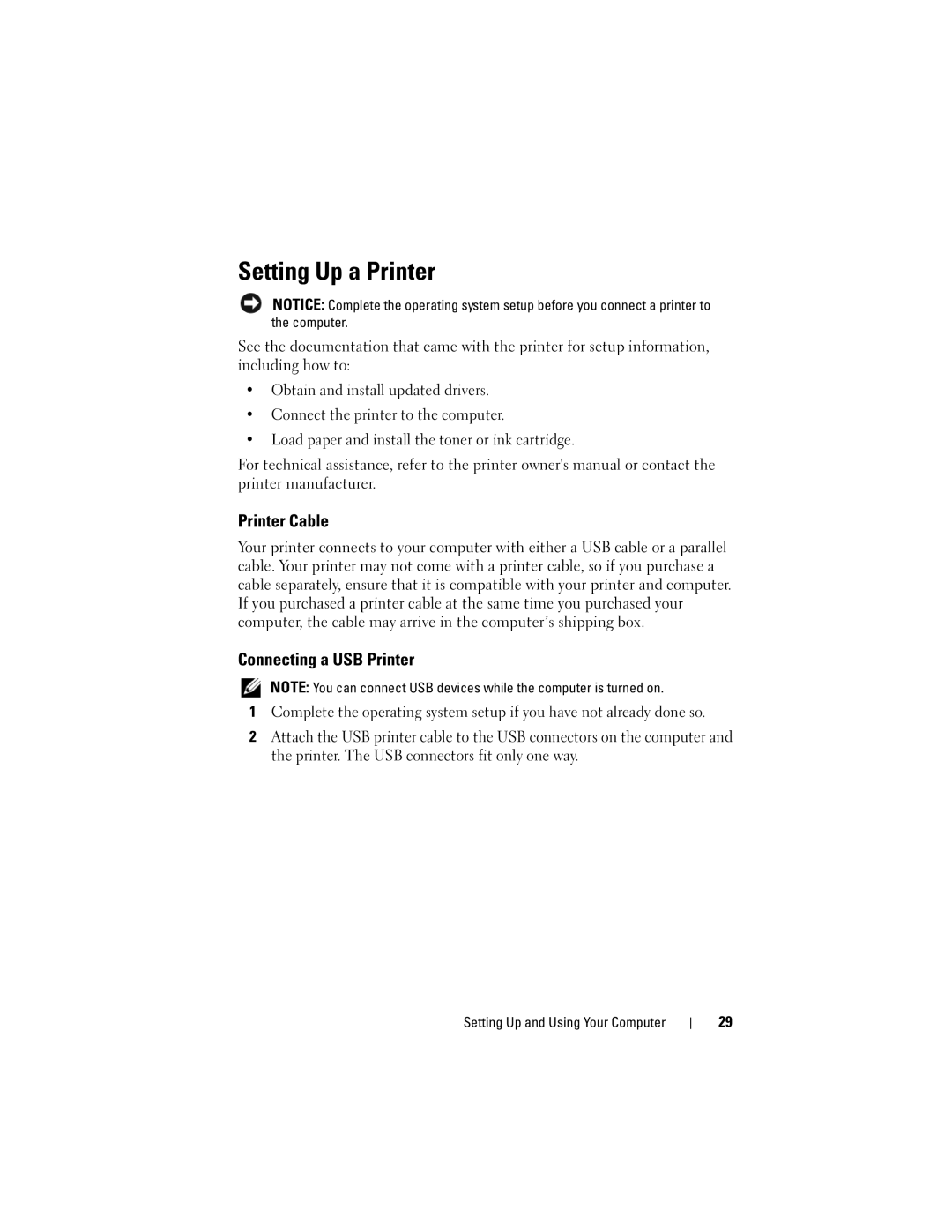 Dell 530b, KP338, 530c, 530d owner manual Setting Up a Printer, Printer Cable, Connecting a USB Printer 