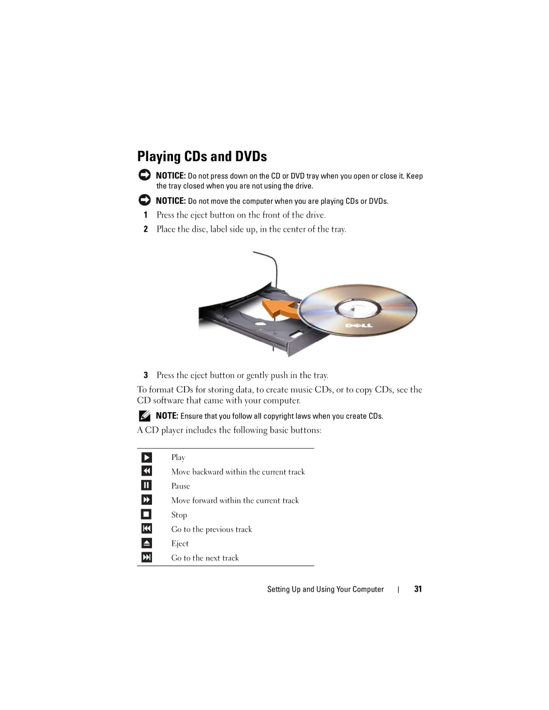 Dell 530d, KP338, 530b, 530c owner manual Playing CDs and DVDs 