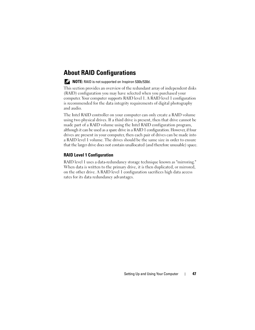 Dell 530d, KP338, 530b, 530c owner manual About RAID Configurations, RAID Level 1 Configuration 