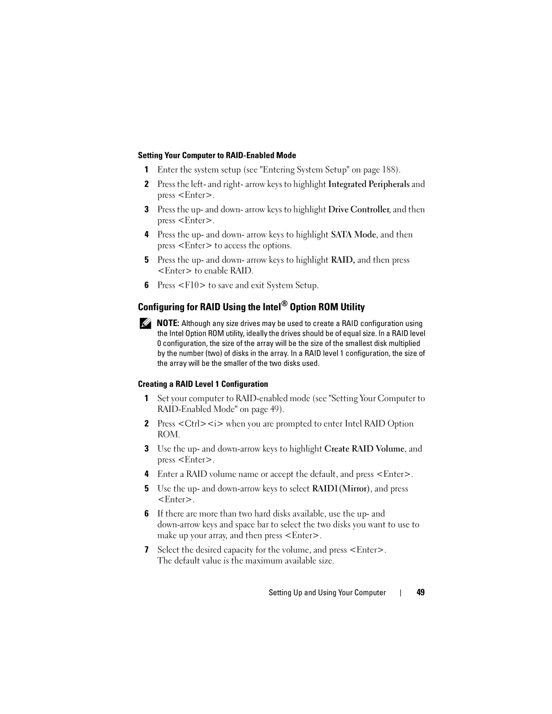 Dell 530b, KP338, 530c, 530d owner manual Configuring for RAID Using the Intel Option ROM Utility 
