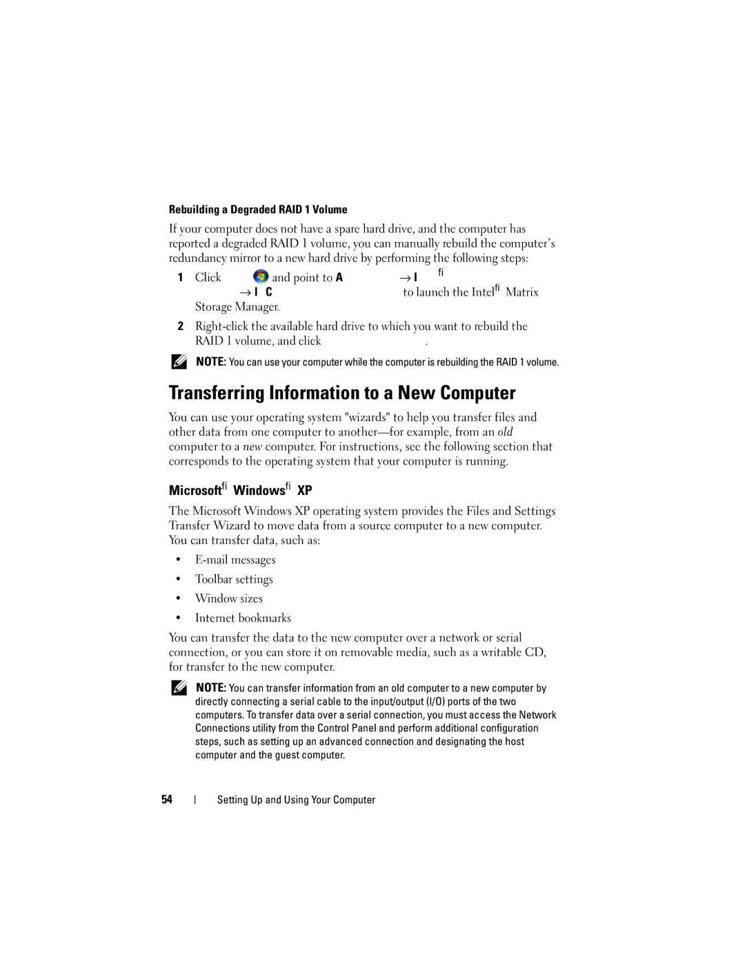 Dell 530c, KP338 Transferring Information to a New Computer, Microsoft Windows XP, Rebuilding a Degraded RAID 1 Volume 