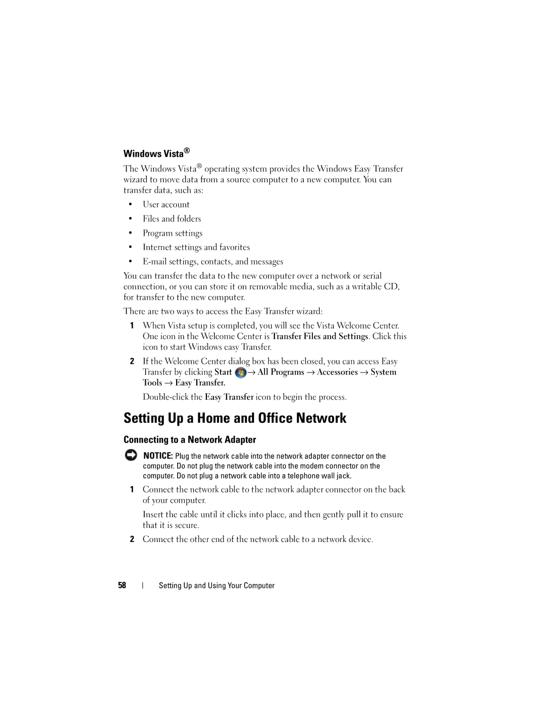 Dell 530c, KP338, 530b, 530d owner manual Setting Up a Home and Office Network, Windows Vista, Connecting to a Network Adapter 