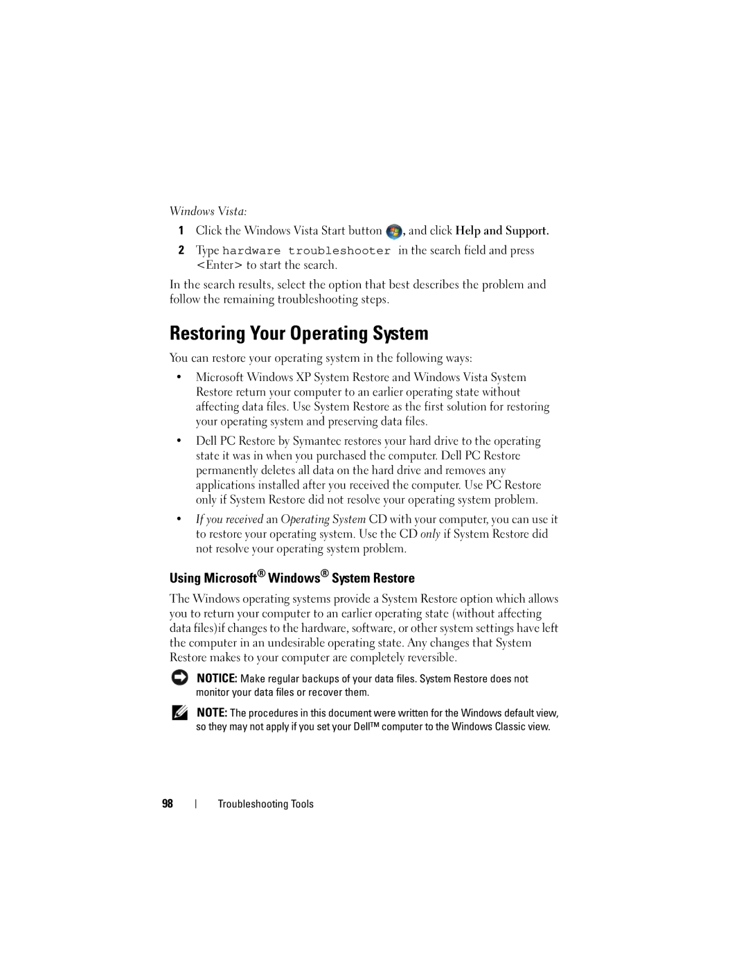 Dell 530c, KP338, 530b, 530d owner manual Restoring Your Operating System, Using Microsoft Windows System Restore 