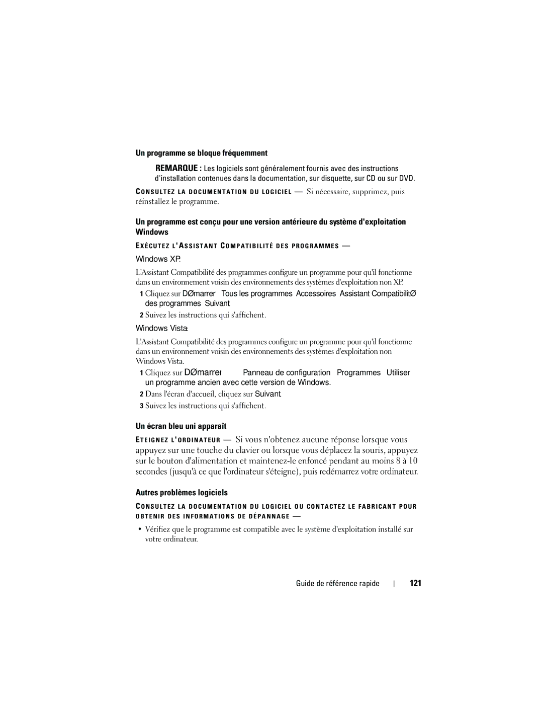 Dell KP542 manual Un programme se bloque fréquemment, Un écran bleu uni apparaît, Autres problèmes logiciels, 121 