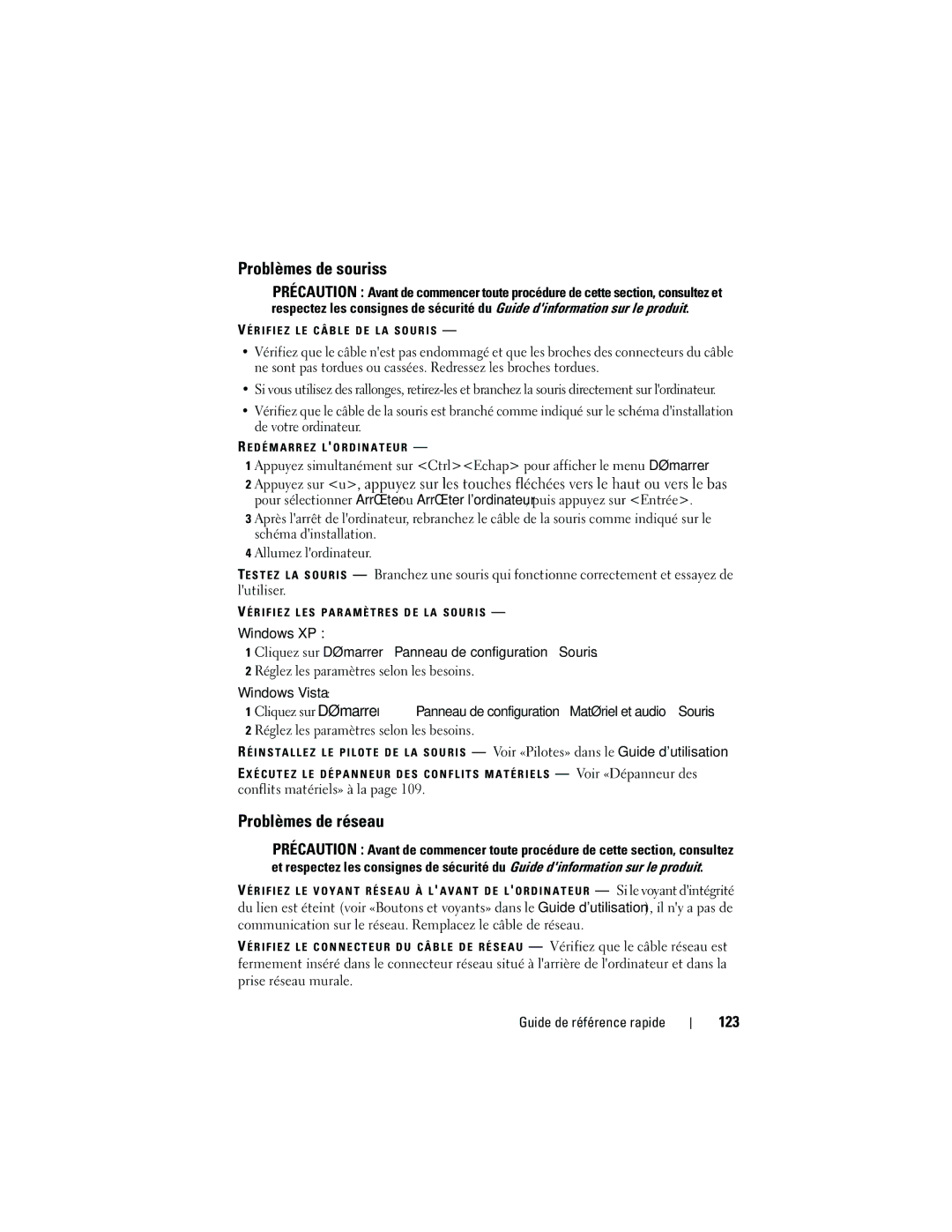 Dell KP542 manual Problèmes de souriss, Problèmes de réseau, 123, Cliquez sur Démarrer→ Panneau de configuration→ Souris 